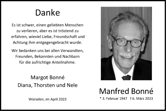 Traueranzeige von Manfred Bonné von Zeitung am Sonntag