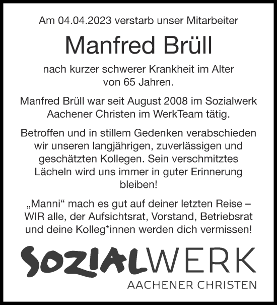 Traueranzeige von Manfred Brüll von Aachener Zeitung