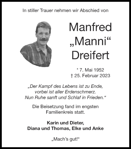 Traueranzeige von Manfred Dreifert von Zeitung am Sonntag