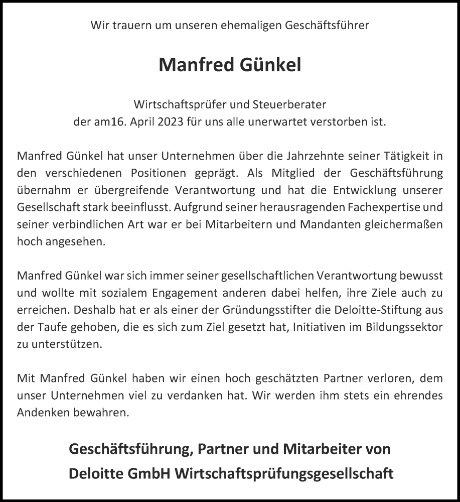  Traueranzeige für Manfred Günkel vom 29.04.2023 aus Aachener Zeitung