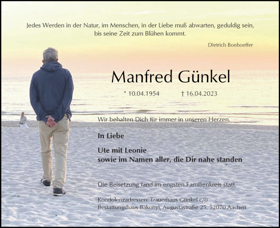 Traueranzeige von Manfred Günkel von Aachener Zeitung