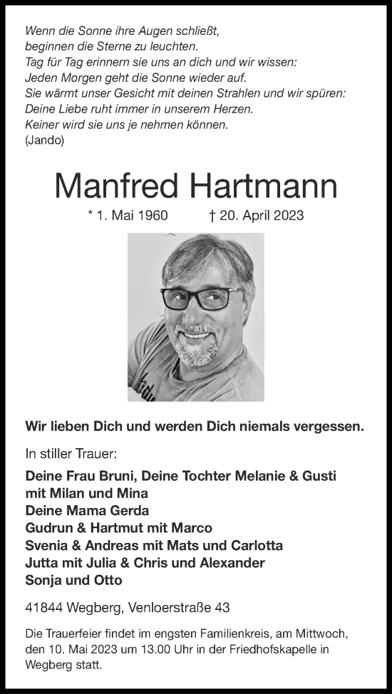 Traueranzeige von Manfred Hartmann von Zeitung am Sonntag