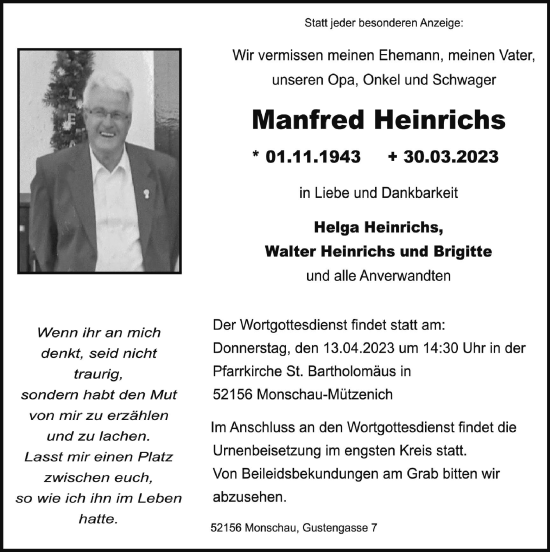 Traueranzeige von Manfred Heinrichs von Zeitung am Sonntag