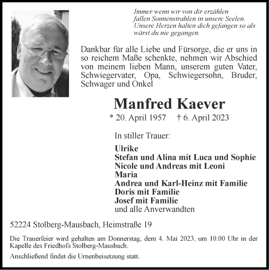 Traueranzeige von Manfred Kaever von Zeitung am Sonntag
