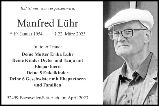 Traueranzeige von Manfred Lühr von Zeitung am Sonntag