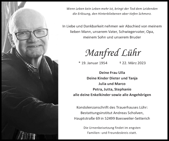 Traueranzeige von Manfred Lühr von Zeitung am Sonntag