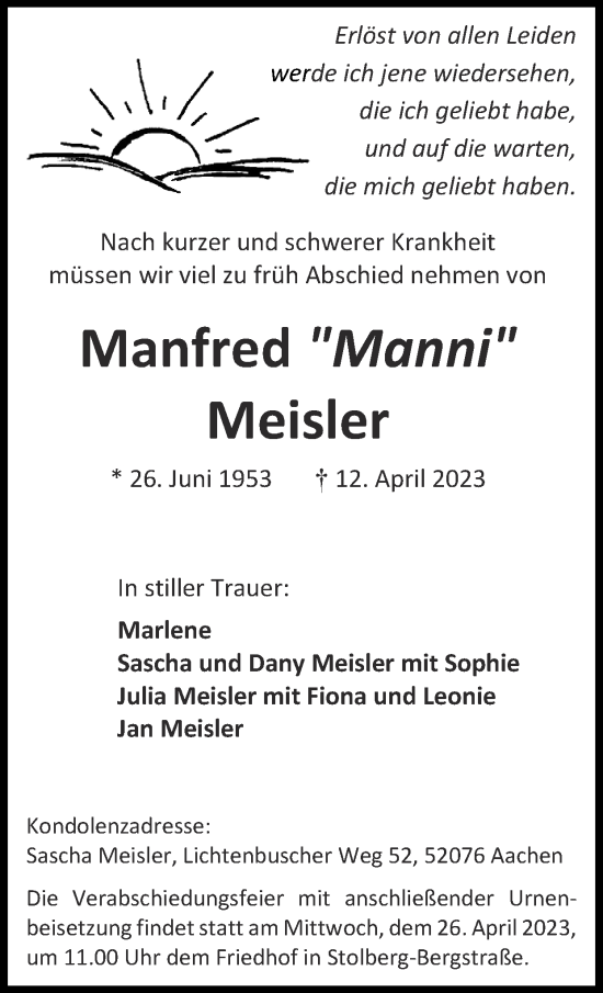 Traueranzeige von Manfred Meisler von Zeitung am Sonntag