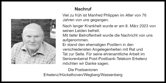 Traueranzeige von Manfred Phlippen von Zeitung am Sonntag