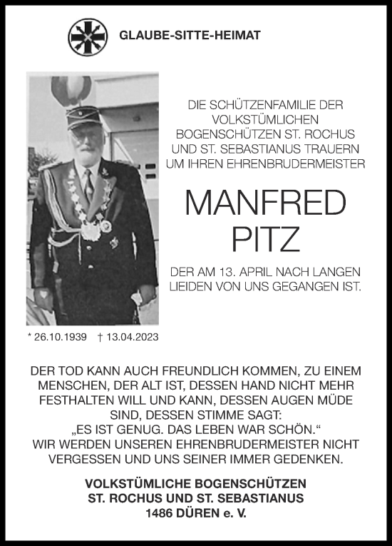 Traueranzeige von Manfred Pitz von Zeitung am Sonntag