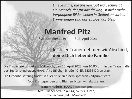 Traueranzeige von Manfred Pitz von Zeitung am Sonntag