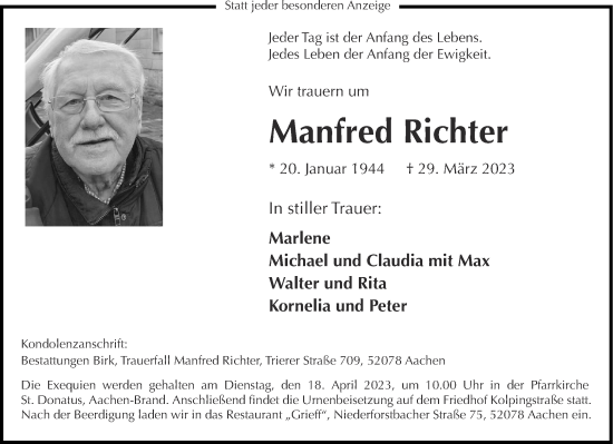 Traueranzeige von Manfred Richter von Aachener Zeitung