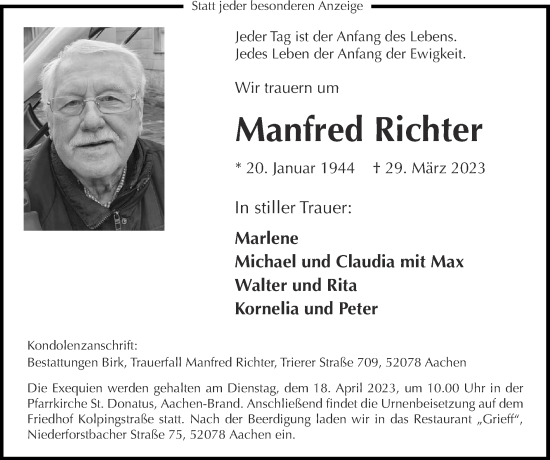 Traueranzeige von Manfred Richter von Zeitung am Sonntag