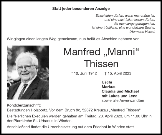 Traueranzeige von Manfred Thissen von Zeitung am Sonntag