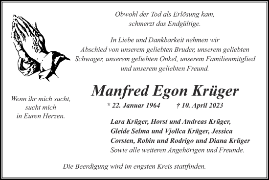 Traueranzeige von Manfred Egon Krüger von Zeitung am Sonntag