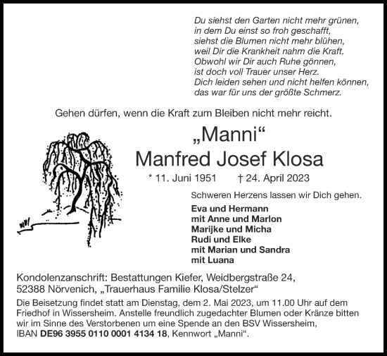 Traueranzeige von Manfred Josef Klosa von Zeitung am Sonntag
