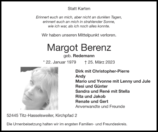 Traueranzeige von Margot Berenz von Zeitung am Sonntag