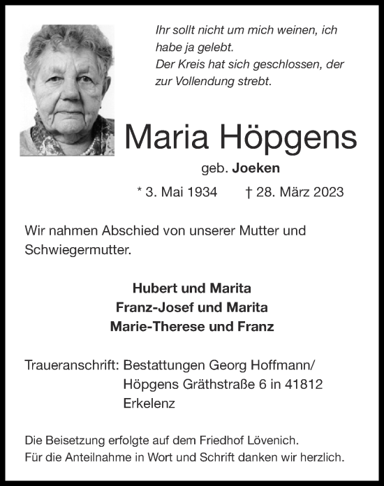 Traueranzeige von Maria Höpgens von Zeitung am Sonntag