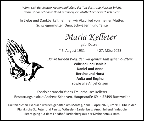 Traueranzeige von Maria Kelleter von Zeitung am Sonntag