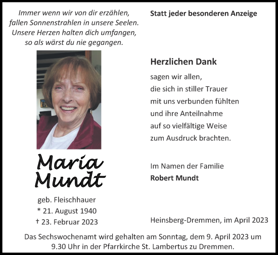 Traueranzeige von Maria Mundt von Zeitung am Sonntag