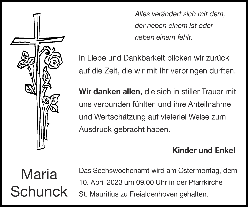  Traueranzeige für Maria Schunck vom 02.04.2023 aus Zeitung am Sonntag