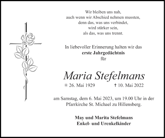 Traueranzeige von Maria Stefelmans von Zeitung am Sonntag