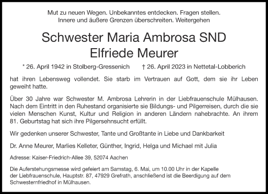 Traueranzeige von Maria Ambrosa Elfriede Meurer von Aachener Zeitung