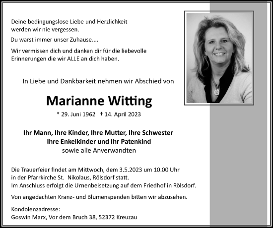 Traueranzeige von Marianne Witting von Zeitung am Sonntag