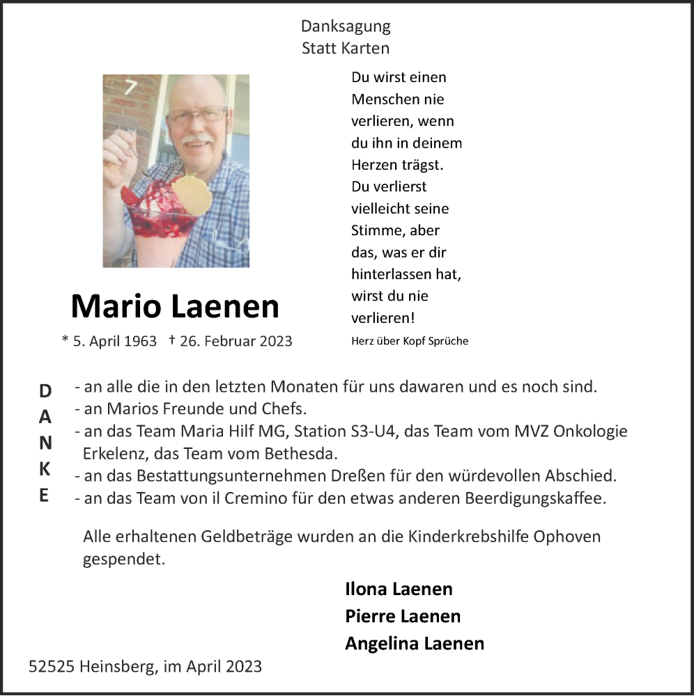  Traueranzeige für Mario Laenen vom 30.04.2023 aus Zeitung am Sonntag