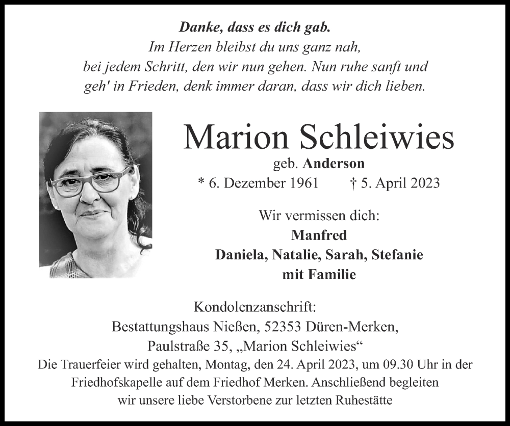  Traueranzeige für Marion Schleiwies vom 23.04.2023 aus Zeitung am Sonntag