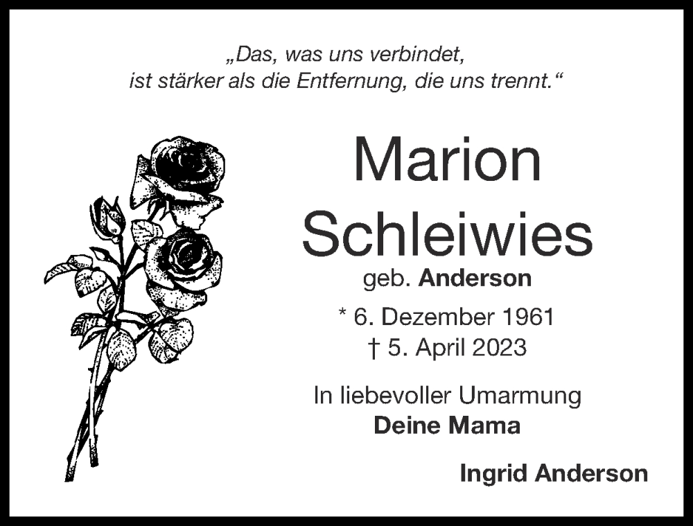  Traueranzeige für Marion Schleiwies vom 23.04.2023 aus Zeitung am Sonntag