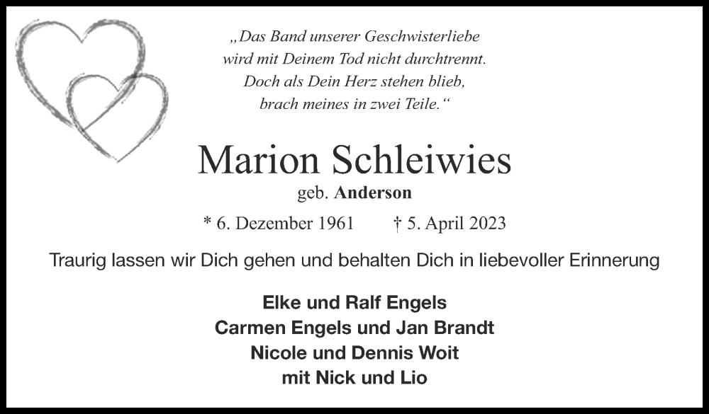  Traueranzeige für Marion Schleiwies vom 23.04.2023 aus Zeitung am Sonntag