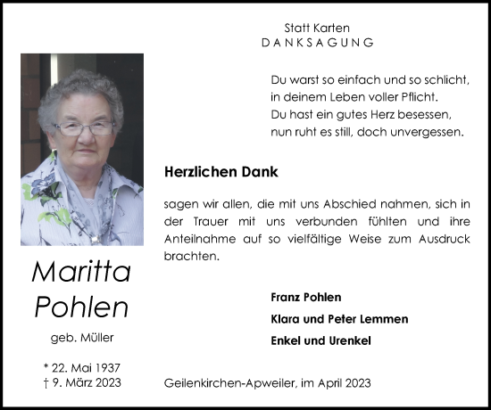Traueranzeige von Maritta Pohlen von Zeitung am Sonntag