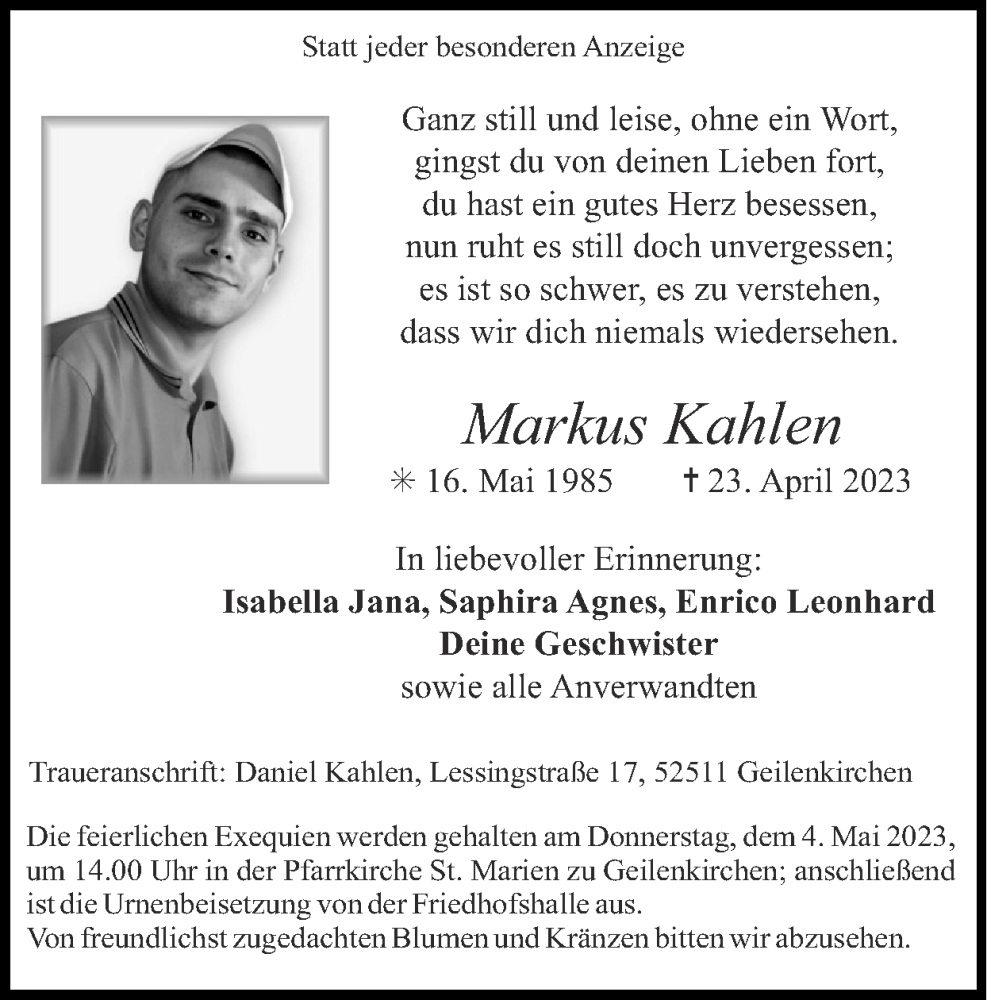  Traueranzeige für Markus Kahlen vom 30.04.2023 aus Zeitung am Sonntag