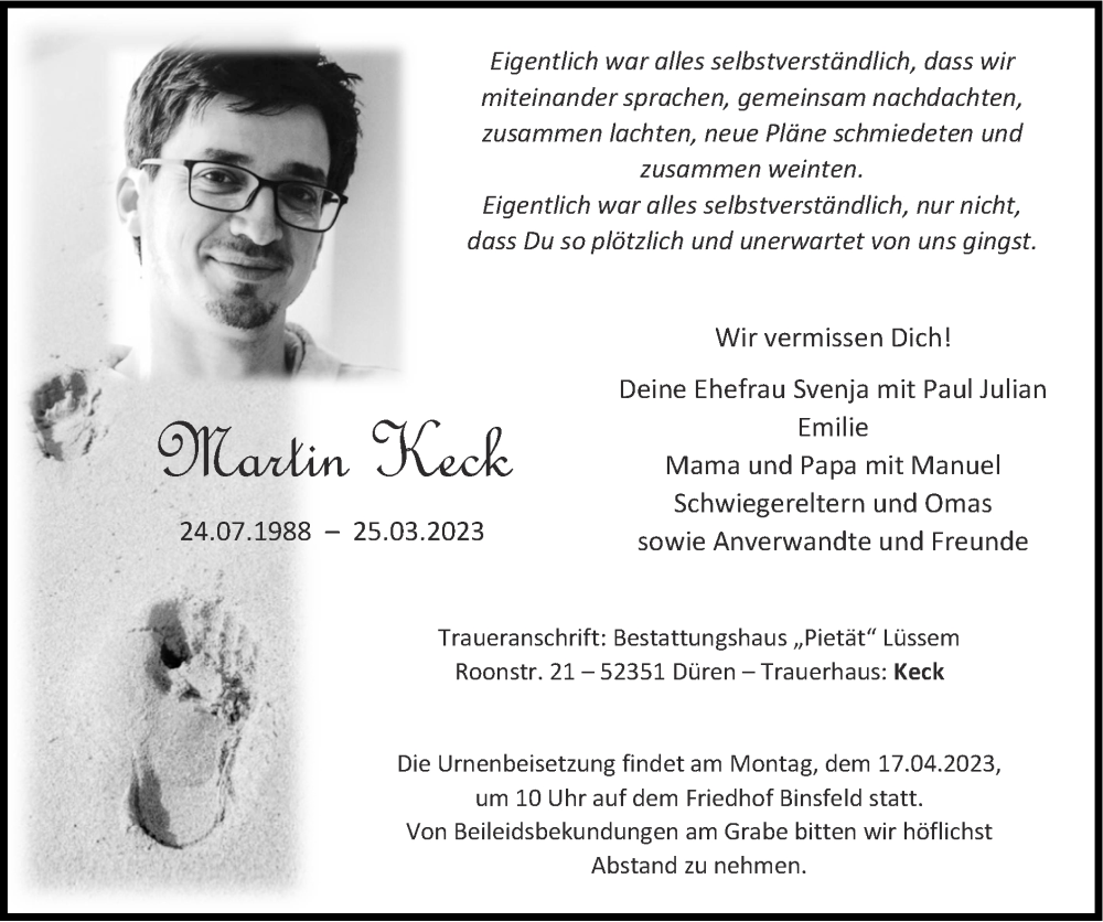  Traueranzeige für Martin Keck vom 16.04.2023 aus Zeitung am Sonntag