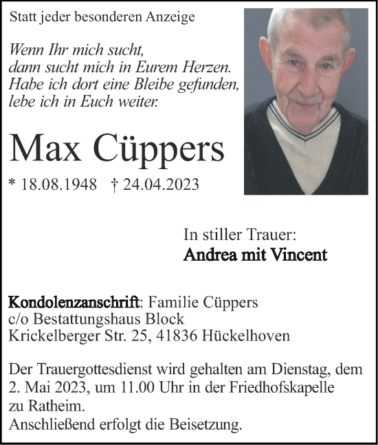 Traueranzeige von Max Cüppers von Zeitung am Sonntag