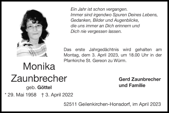 Traueranzeige von Monika Zaunbrecher von Zeitung am Sonntag