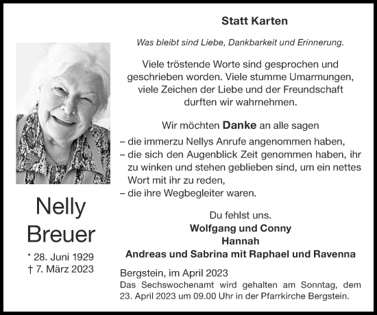 Traueranzeige von Nelly Breuer von Zeitung am Sonntag