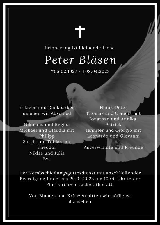 Traueranzeige von Peter Bläsen von Zeitung am Sonntag