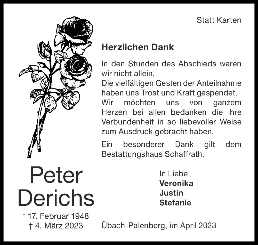  Traueranzeige für Peter Derichs vom 09.04.2023 aus Zeitung am Sonntag