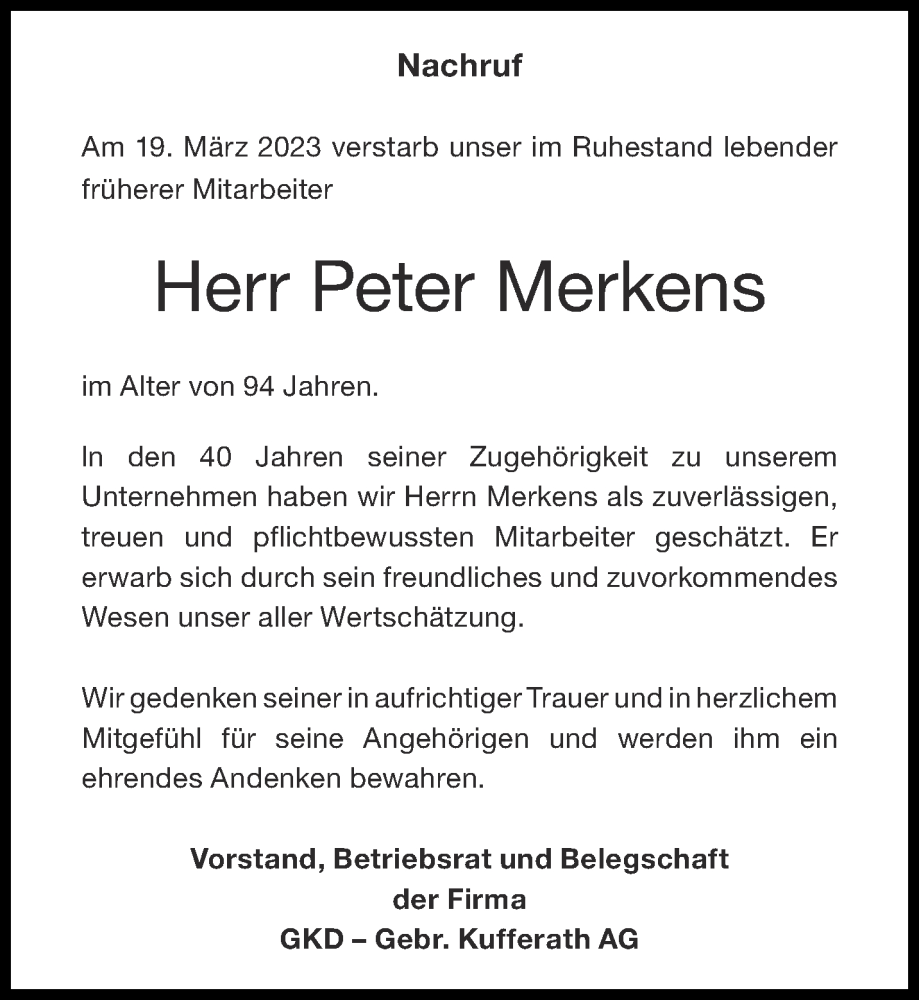  Traueranzeige für Peter Merkens vom 08.04.2023 aus Aachener Zeitung