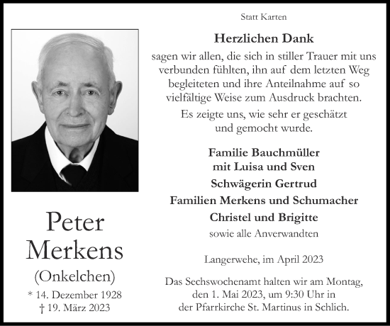 Traueranzeige von Peter Merkens von Zeitung am Sonntag