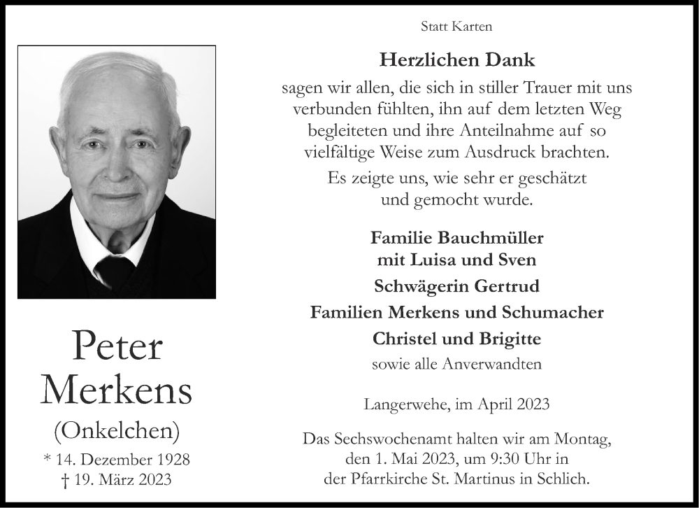  Traueranzeige für Peter Merkens vom 22.04.2023 aus Aachener Zeitung