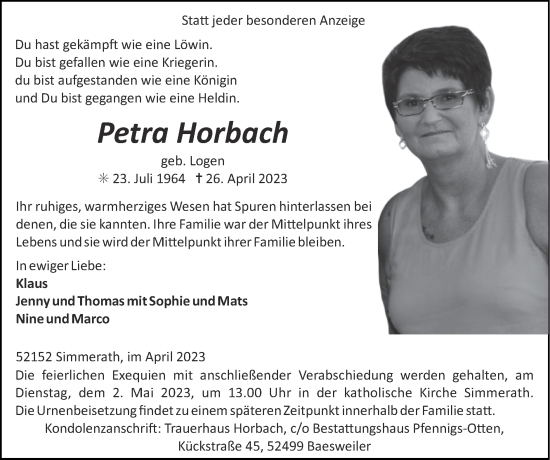 Traueranzeige von Petra Horbach von Zeitung am Sonntag
