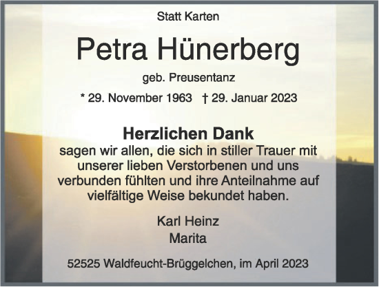 Traueranzeige von Petra Hünerberg von Zeitung am Sonntag