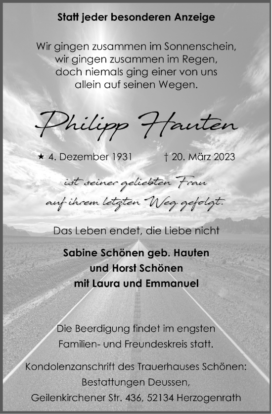 Traueranzeige von Philipp Hauten von Zeitung am Sonntag