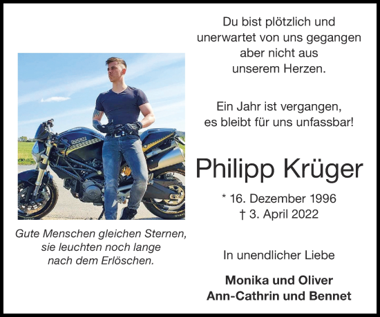Traueranzeige von Philipp Krüger von Zeitung am Sonntag