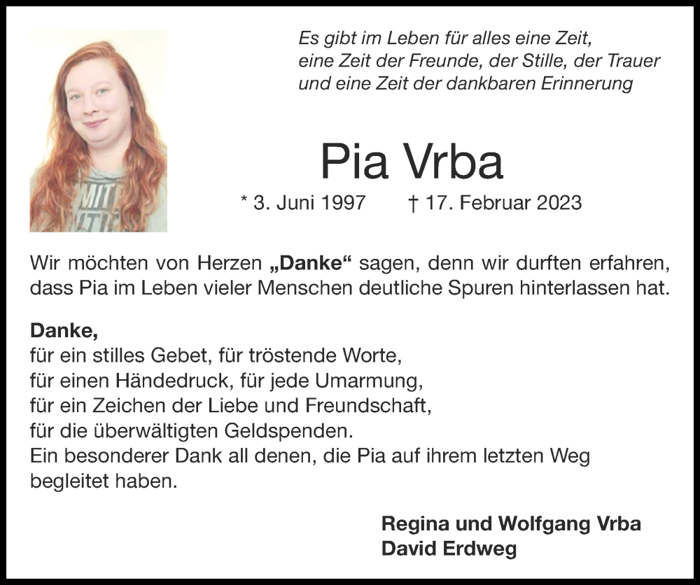  Traueranzeige für Pia Vrba vom 16.04.2023 aus Zeitung am Sonntag