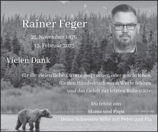Traueranzeige von Rainer Feger von Zeitung am Sonntag