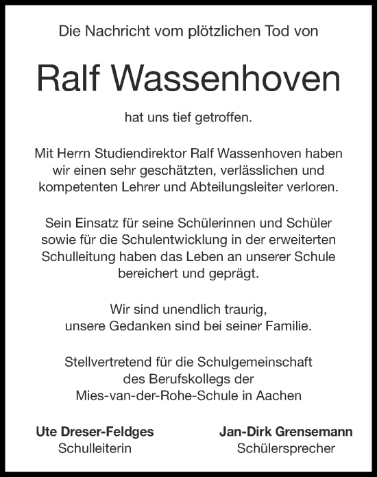 Traueranzeige von Ralf Wassenhoven von Zeitung am Sonntag