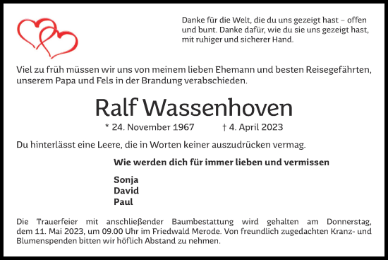 Traueranzeige von Ralf Wassenhoven von Zeitung am Sonntag